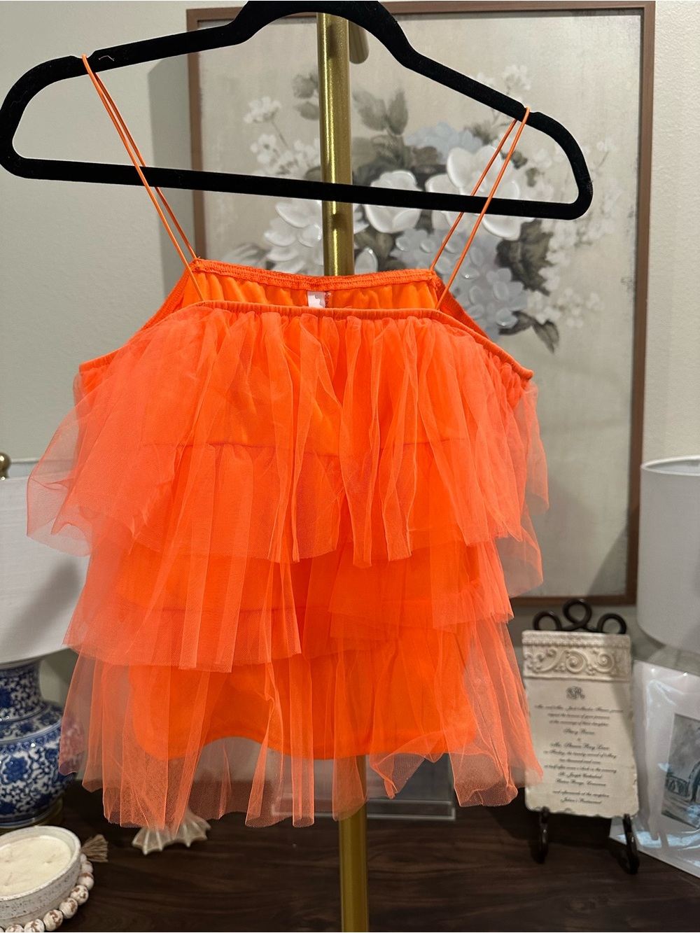 glam Neon Orange Tiered Tulle Cami Tank
